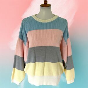 VINTAGE Pastel Sweater Knit Jumper Medium Striped Colorblock Acrylic Wool Blend